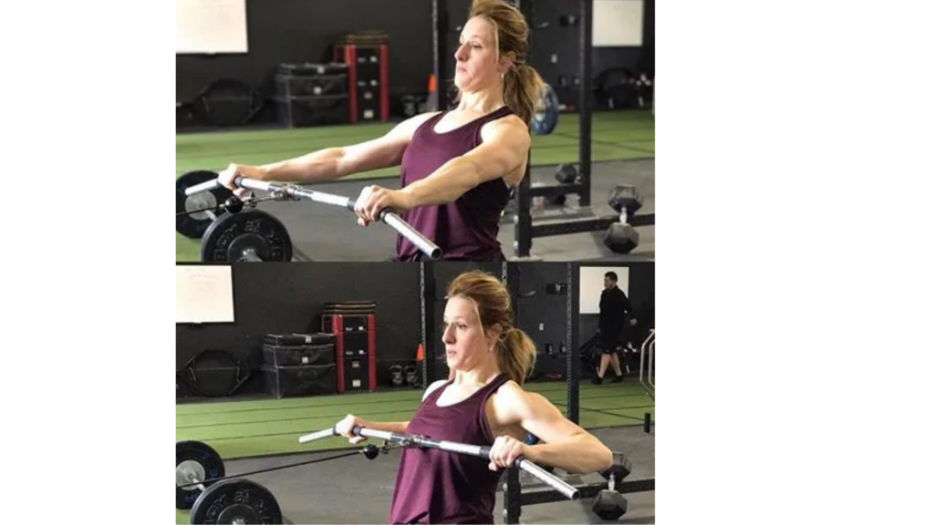 girl doing wide grip seated row at gym